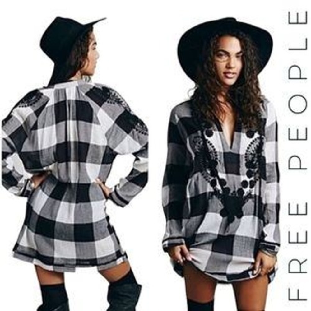 Free People Buffalo Plaid Embroidered Gauze Tunic Top XS Black White Shirt